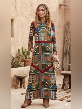 DESIGUAL Vintage-Inspired Geometric Print Maxi Dress in Multi colour size 36 US8